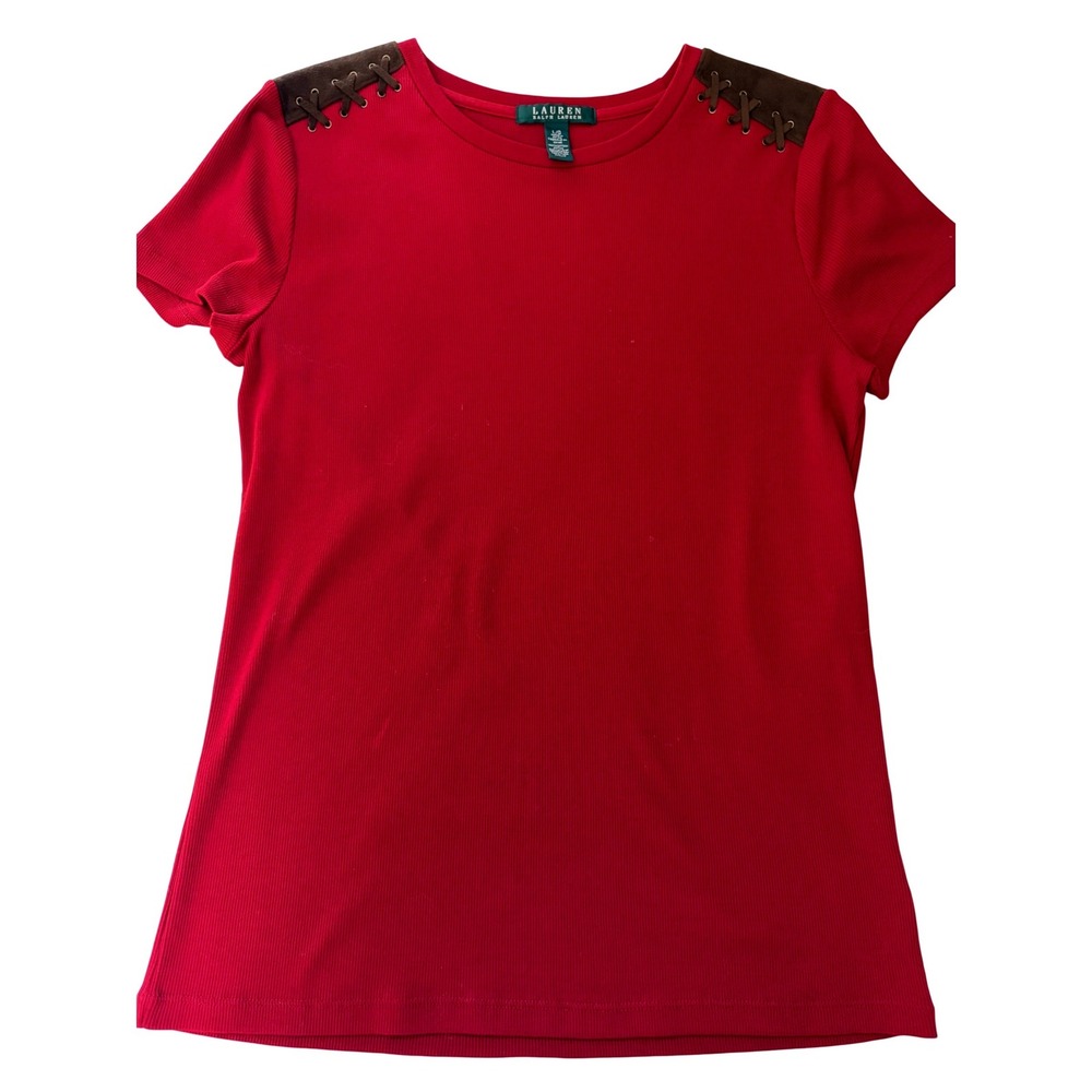 Lauren Ralph Lauren Red Ribbed Lace Up Shoulder‎ Patch Top SZ Large 90's Friends